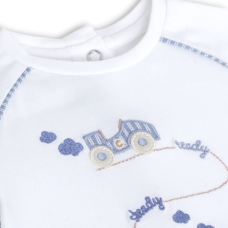 Boys White and Blue Applique Leg Opening Babysuit image number 2